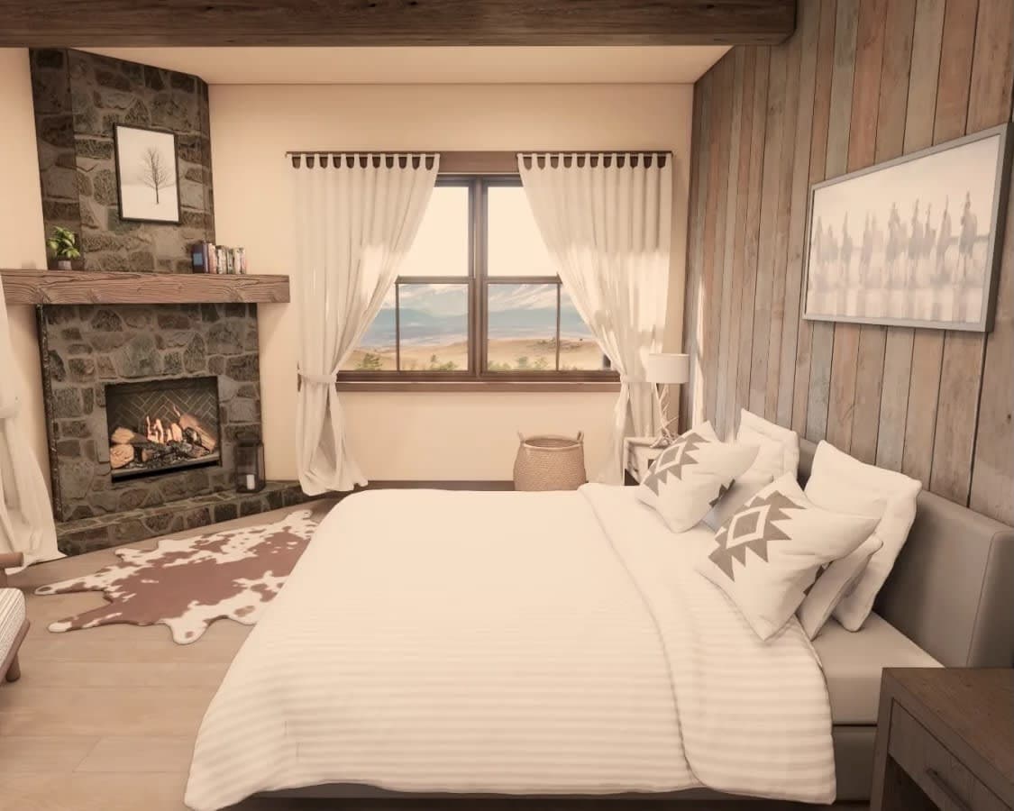 rustic contemporary room with wood paneled wall, grey and white furniture, and grey stone fireplace