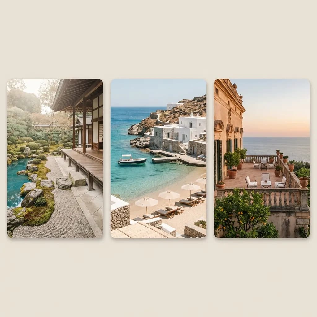 Editorial travel scenes inspired by Japan, Greece, and Italy